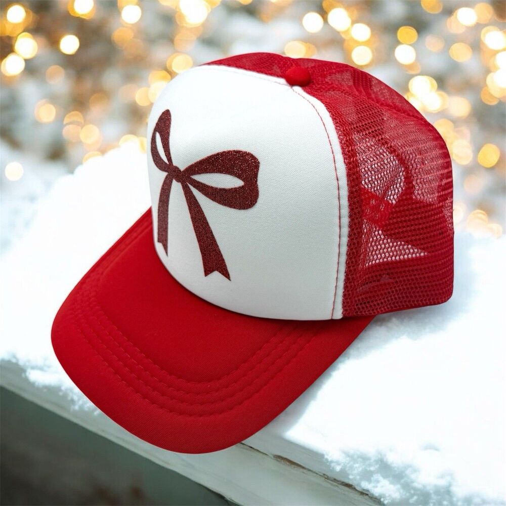 The Christmas Shoppe Hat Cap Trucker Snap Back One Size Red Bow Christmas - Picture 1 of 7
